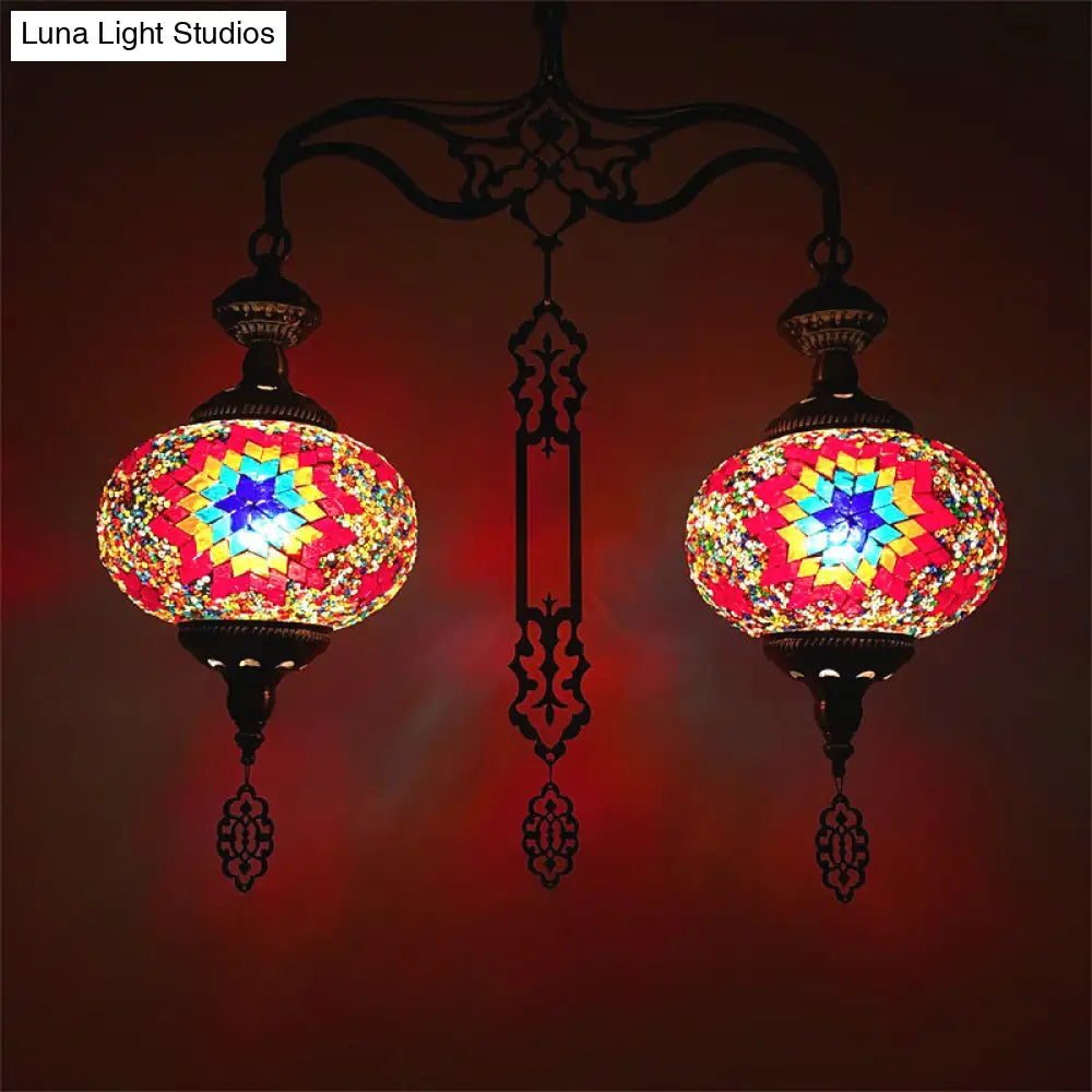 Traditional 2-Head Red/Blue Glass Chandelier Pendant Light For Hallway - Global