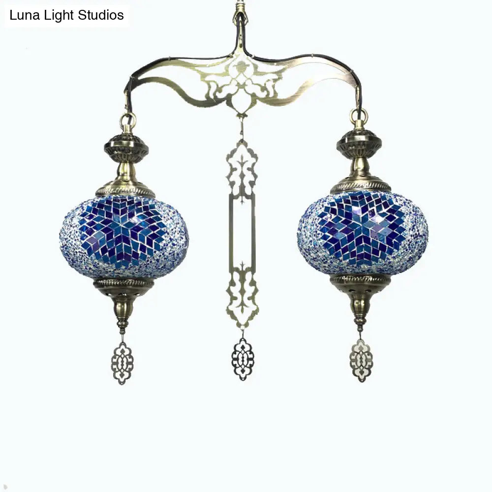 Traditional 2-Head Red/Blue Glass Chandelier Pendant Light For Hallway - Global