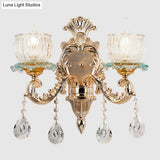 Traditional 2-Light Crystal Wall Mount Lamp In Gold - Elegant Restaurant Lighting