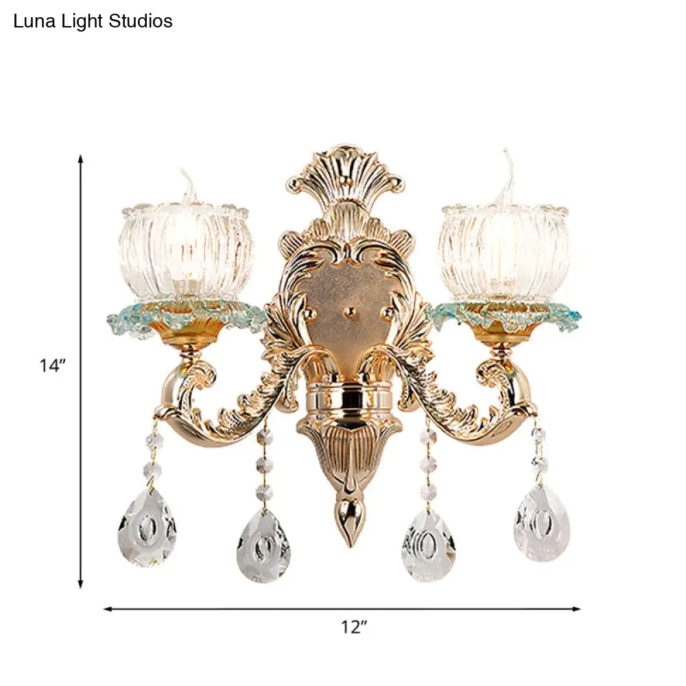 Traditional 2-Light Crystal Wall Mount Lamp In Gold - Elegant Restaurant Lighting