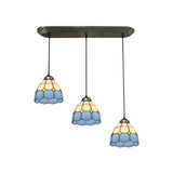 Traditional 3-Head Stained Glass Pendant Light In Bronze With Shaded Hanging Design / Blue Square