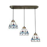 Traditional 3-Head Stained Glass Pendant Light In Bronze With Shaded Hanging Design / Lily
