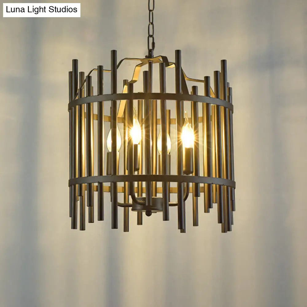 Traditional 4-Light Metal Chandelier - Strapped Cage Design For Dining Room Pendant Lighting