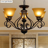 Traditional 5-Light Beige Frosted Glass Chandelier: Black Bell Pendant Fixture