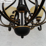 Traditional 5-Light Beige Frosted Glass Chandelier: Black Bell Pendant Fixture