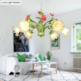 Traditional 6-Head Green Glass Chandelier For Bedroom - Cream Flower Pendant Lighting