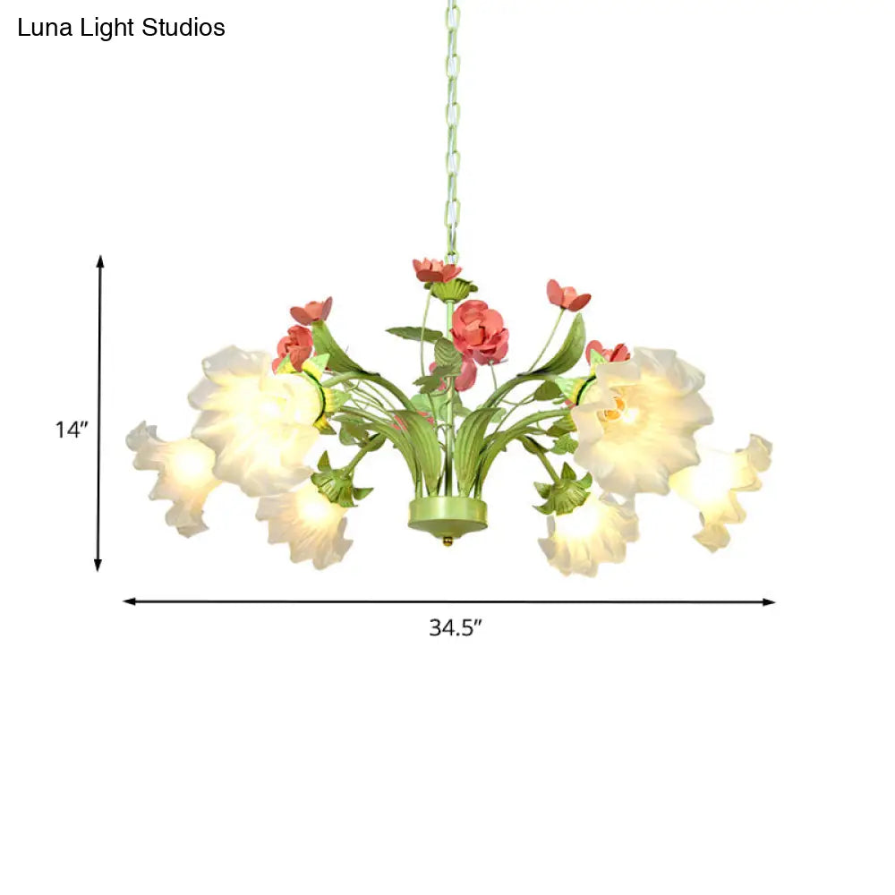 Traditional 6-Head Green Glass Chandelier For Bedroom - Cream Flower Pendant Lighting