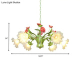 Traditional 6-Head Green Glass Chandelier For Bedroom - Cream Flower Pendant Lighting