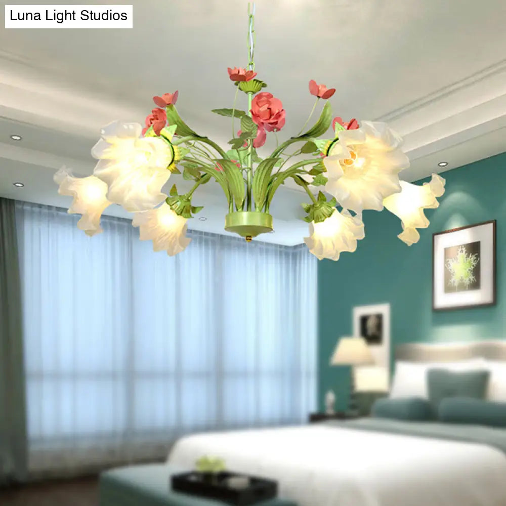 Traditional 6-Head Green Glass Chandelier For Bedroom - Cream Flower Pendant Lighting