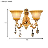 Traditional Amber Glass Wall Mount Sconce Light With Brass Finish - 2 Heads Ideal For Living Room