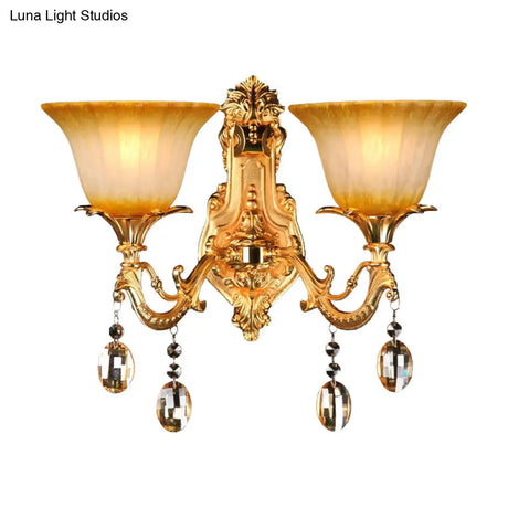 Traditional Amber Glass Wall Mount Sconce Light With Brass Finish - 2 Heads Ideal For Living Room