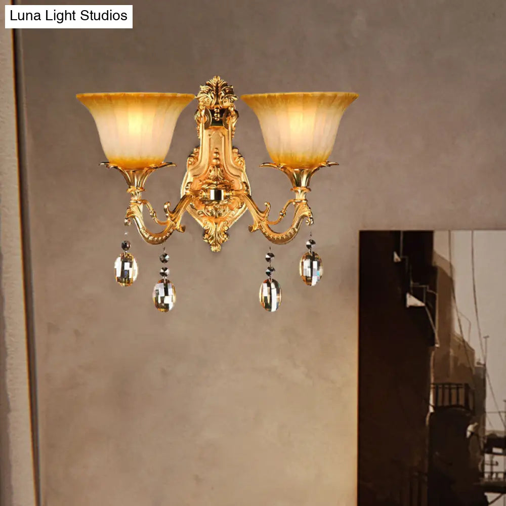 Traditional Amber Glass Wall Mount Sconce Light With Brass Finish - 2 Heads Ideal For Living Room