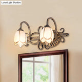 Traditional Antique Brass Vanity Light With Frosted Glass And Floral Design - 2/3 Lights
