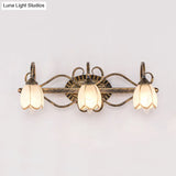 Traditional Antique Brass Vanity Light With Frosted Glass And Floral Design - 2/3 Lights