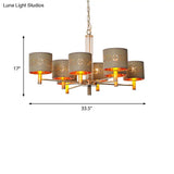 Traditional Bedroom Pendant Light With Drum Fabric Shade - 6/8 Bulbs Ceiling Lamp In Brown