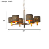 Traditional Bedroom Pendant Light With Drum Fabric Shade - 6/8 Bulbs Ceiling Lamp In Brown