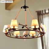 Traditional Beige Chandelier With 6 Lights And Cone Shade - Fabric Wagon Wheel Pendant Lamp