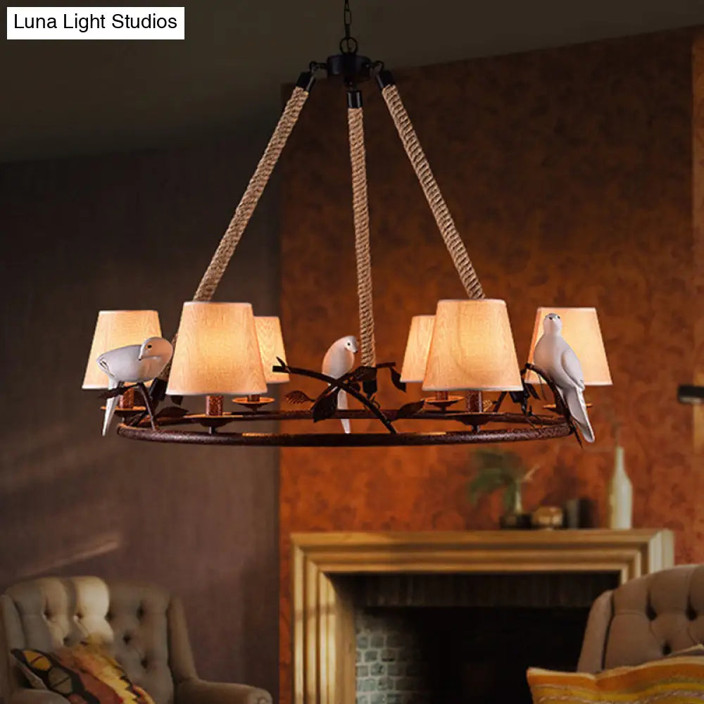 Traditional Beige Chandelier With 6 Lights And Cone Shade - Fabric Wagon Wheel Pendant Lamp