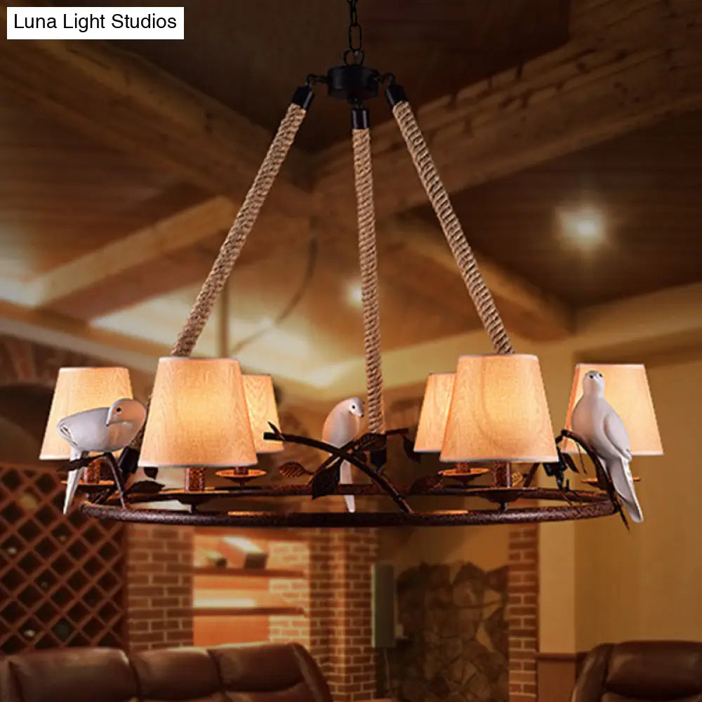 Traditional Beige Chandelier With 6 Lights And Cone Shade - Fabric Wagon Wheel Pendant Lamp