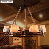 Traditional Beige Chandelier With 6 Lights And Cone Shade - Fabric Wagon Wheel Pendant Lamp