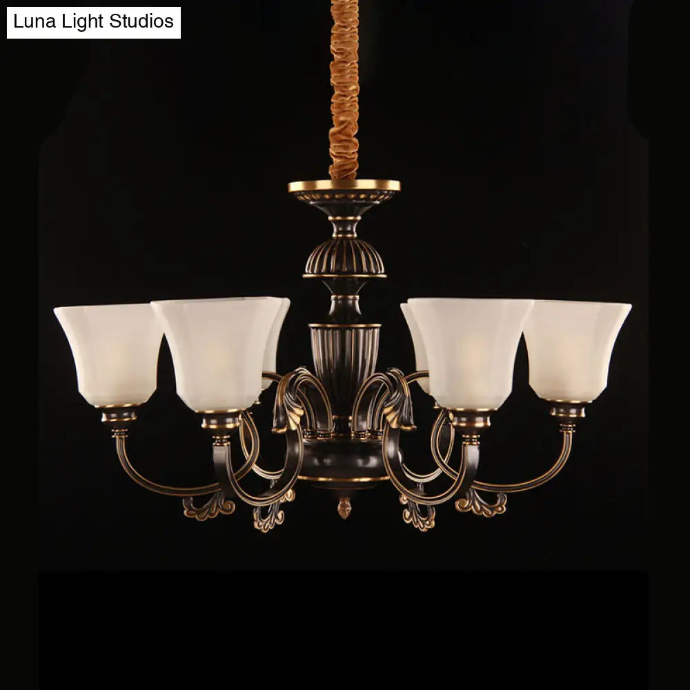 Traditional Bell Chandelier With 6 Lights: Black & Gold White Frosted Glass Pendant Lamp
