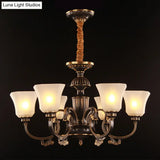 Traditional Bell Chandelier With 6 Lights: Black & Gold White Frosted Glass Pendant Lamp