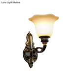 Traditional Black Blossom Wall Sconce With White Glass Shade Elegant Bedroom Light