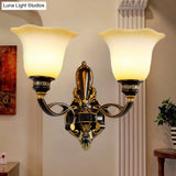 Traditional Black Blossom Wall Sconce With White Glass Shade Elegant Bedroom Light