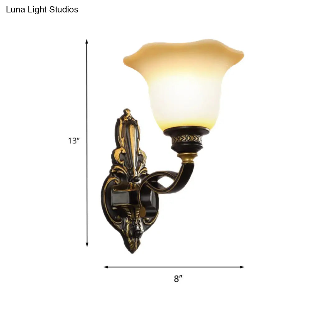 Traditional Black Blossom Wall Sconce With White Glass Shade Elegant Bedroom Light