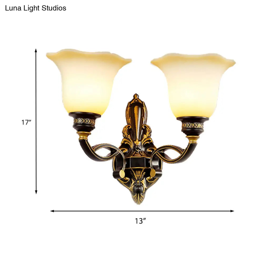 Traditional Black Blossom Wall Sconce With White Glass Shade Elegant Bedroom Light