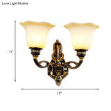 Traditional Black Blossom Wall Sconce With White Glass Shade Elegant Bedroom Light