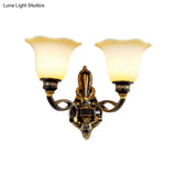 Traditional Black Blossom Wall Sconce With White Glass Shade Elegant Bedroom Light