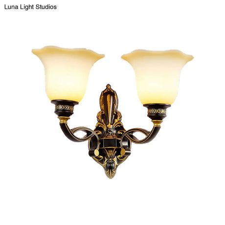 Traditional Black Blossom Wall Sconce With White Glass Shade Elegant Bedroom Light