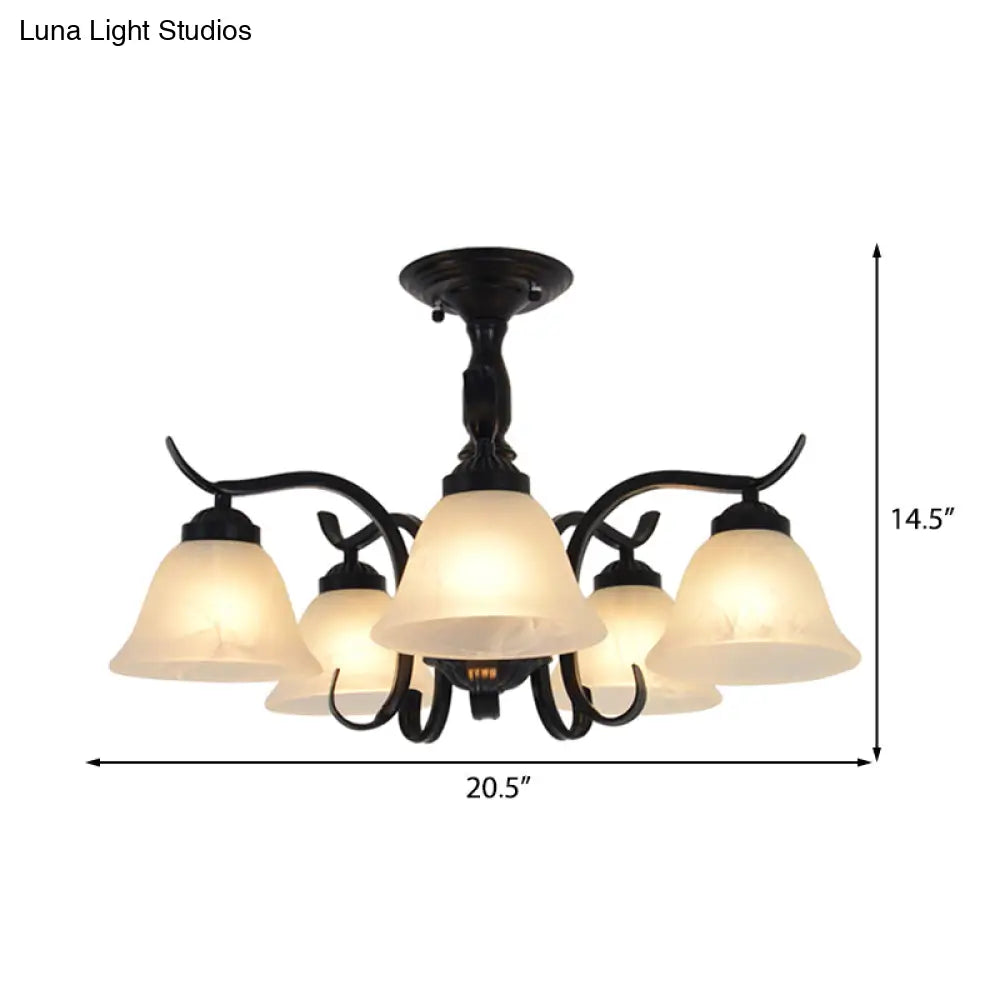 Traditional Black Cone Frosted Glass Semi Flush Light - 5 Lights Living Room Ceiling Lighting