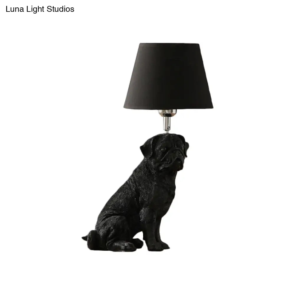 Traditional Black Drum Nightstand Lamp: Fabric Table Light With Resin Dog Base