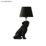 Traditional Black Drum Nightstand Lamp: Fabric Table Light With Resin Dog Base