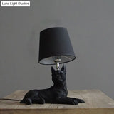 Traditional Black Drum Nightstand Lamp: Fabric Table Light With Resin Dog Base