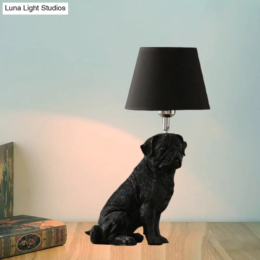 Traditional Black Drum Nightstand Lamp: Fabric Table Light With Resin Dog Base