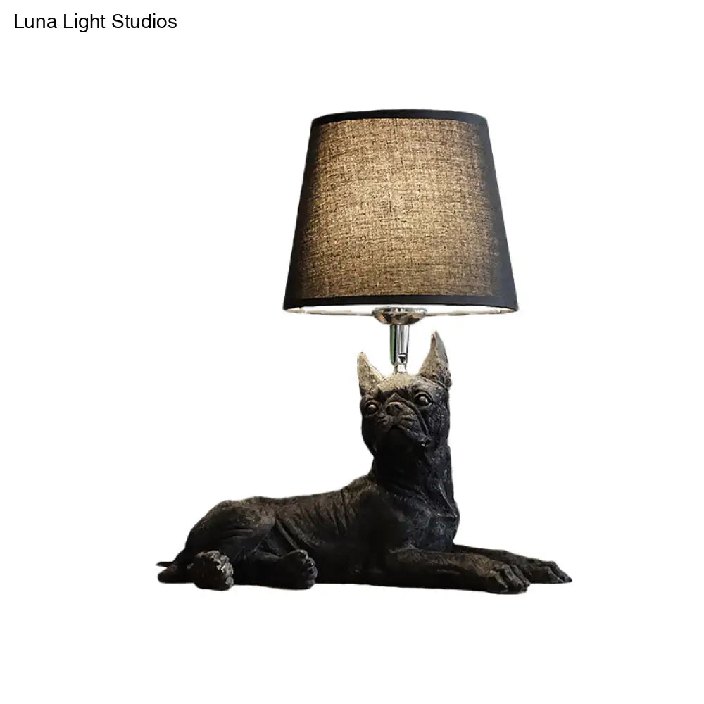 Traditional Black Drum Nightstand Lamp: Fabric Table Light With Resin Dog Base
