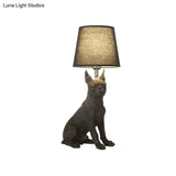 Traditional Black Drum Nightstand Lamp: Fabric Table Light With Resin Dog Base