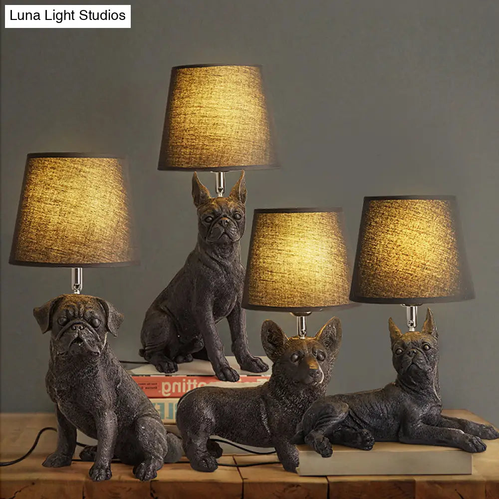 Traditional Black Drum Nightstand Lamp: Fabric Table Light With Resin Dog Base