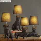 Traditional Black Drum Nightstand Lamp: Fabric Table Light With Resin Dog Base