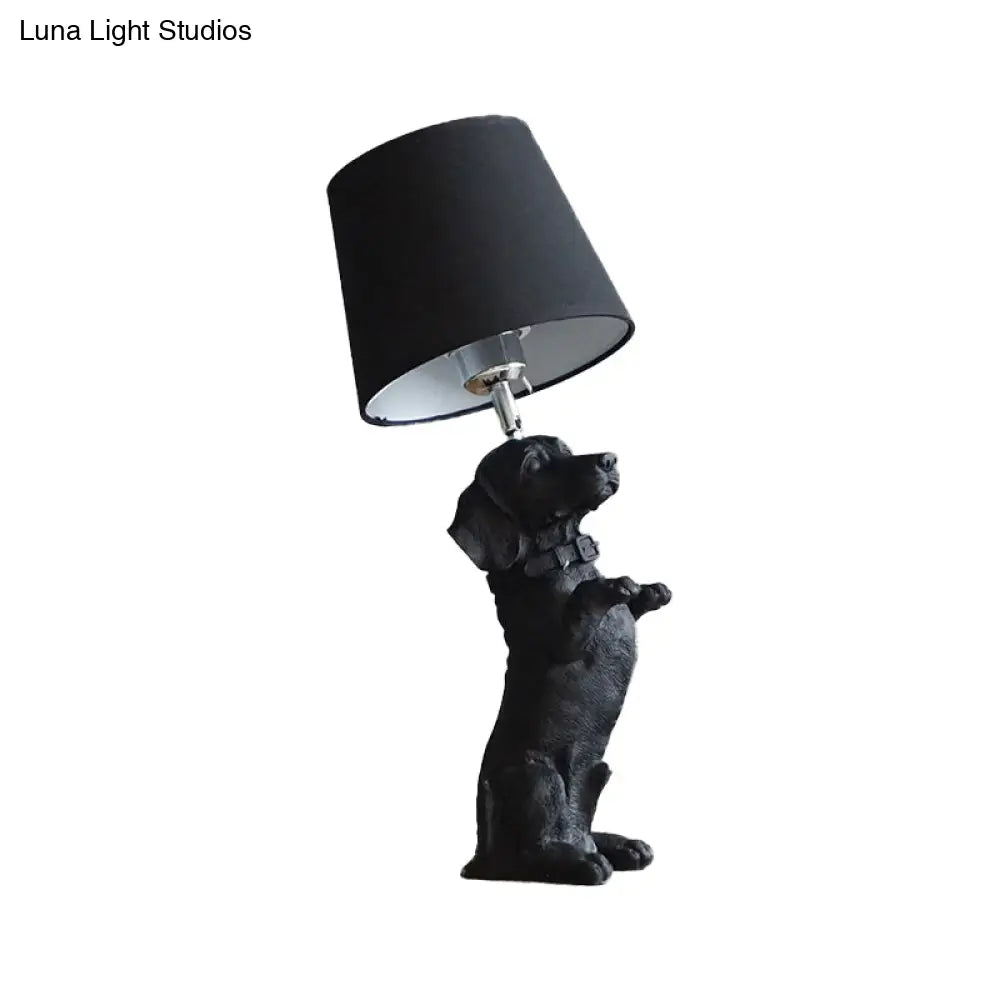 Traditional Black Drum Nightstand Lamp: Fabric Table Light With Resin Dog Base
