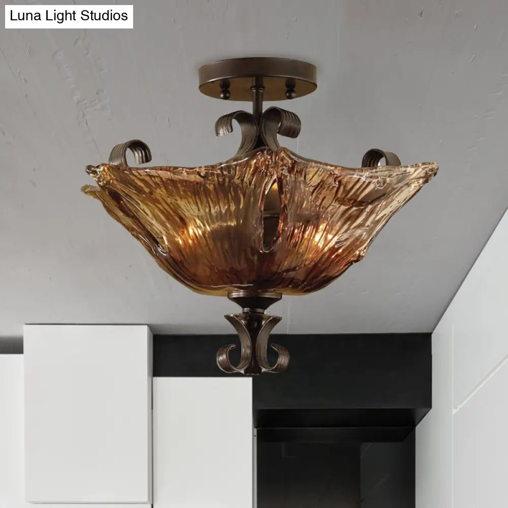 Traditional Black Flower Semi Flush Light With Amber Glass And 3 Lights - Perfect For Living Room