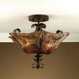 Traditional Black Flower Semi Flush Light With Amber Glass And 3 Lights - Perfect For Living Room