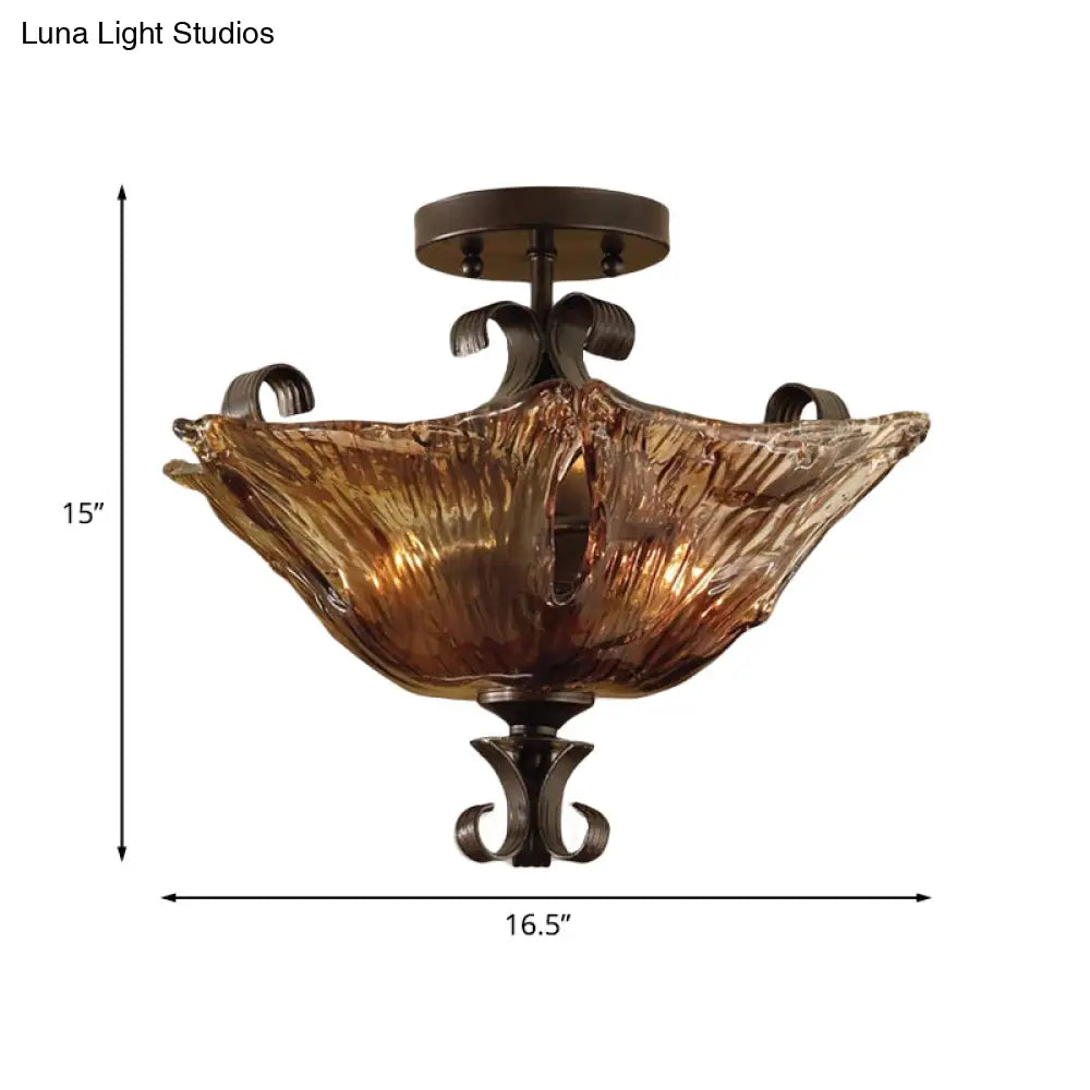 Traditional Black Flower Semi Flush Light With Amber Glass And 3 Lights - Perfect For Living Room