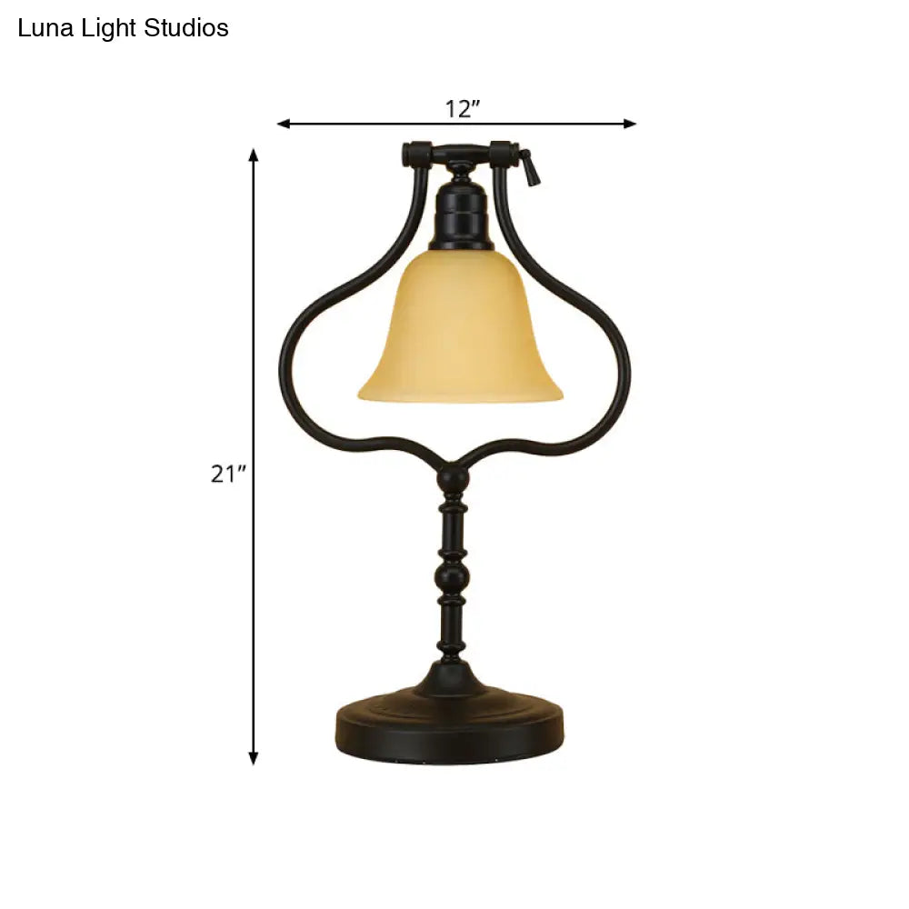 Traditional Black Iron Frame Table Light With Rotating Pear Base Flared Glass Shade - Perfect For