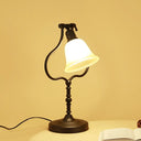 Traditional Black Iron Frame Table Light With Rotating Pear Base Flared Glass Shade - Perfect For
