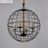 Traditional Black Metal Pendant Chandelier With Globe Cage - 3/4 Lights Ideal For Living Room
