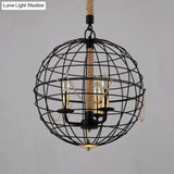Traditional Black Metal Pendant Chandelier With Globe Cage - 3/4 Lights Ideal For Living Room